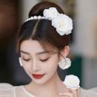 Set: Faux Pearl Headband + Floral Hair Clip + Floral Stud Earring Set Of 4 - 1 Pair Stud Earrings & 2 Pcs Hair Clip & 1 Pc Headband - One Size