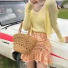 Lace Trim Knit Camisole / Cardigan / Flower Print Mini A-line Skirt / Set