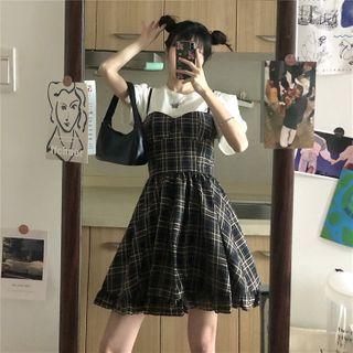 Puff-sleeve Plain Top / Plaid Spaghetti Strap Dress