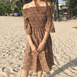 Floral Print Off Shoulder 3/4 Sleeve Midi Dress