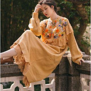 Lace Panel Flower Detail Long-sleeve Midi Knit Dress Orange Yellow - One Size