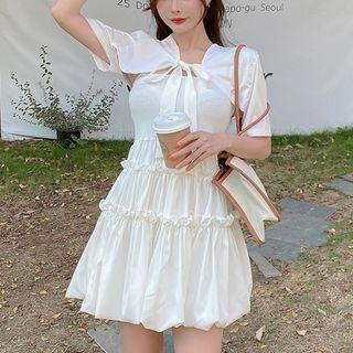 Set: Spaghetti-strap Mini A-line Dress + Elbow-sleeve Shawl