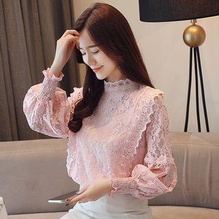 Mock Neck Balloon-sleeve Lace Blouse