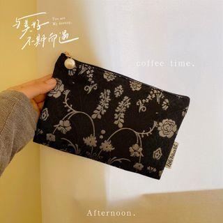 Floral Zip Pouch Gold Flowers - Black - One Size