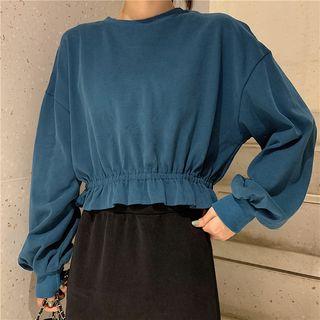 Ruffle-trim Elastic-waist Long-sleeve Crop Top