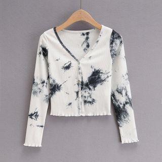 Long-sleeve Buttoned Tie-dye Knit Top