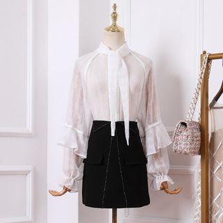 Set: Dotted Chiffon Blouse + A-line Mini Skirt