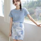 Short-sleeve Lace T-shirt / Tie Dye Mini Skirt