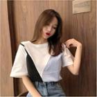 Short-sleeve Mock Two-piece Panel Striped Top