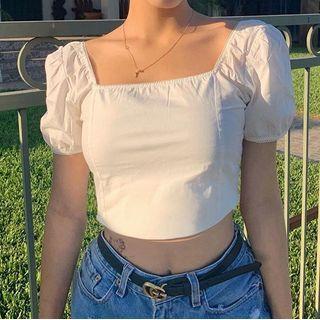 Plain Short Puff-sleeve Square-neck Crop Top
