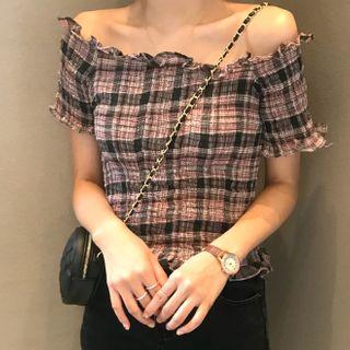 Plaid Cold Shoulder Short-sleeve Top Khaki - One Size