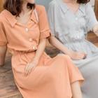Buttoned Short-sleeve Midi Collared Dress
