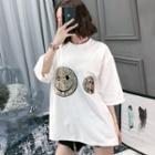 Elbow-sleeve Smiley Face Sequined T-shirt