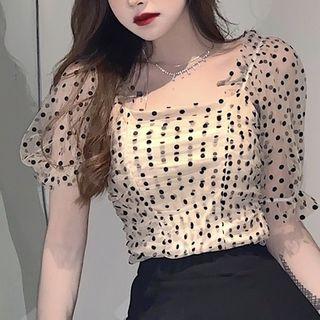 Off-shoulder Mesh Dotted Top