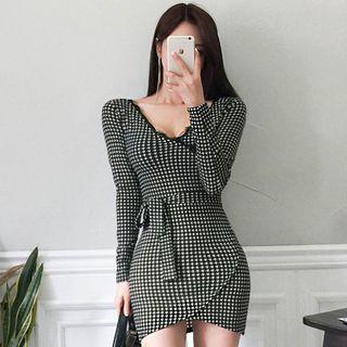 Houndstooth Long-sleeve Mini Sheath Dress