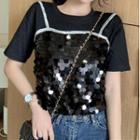 Short Sleeve Sequined Mock Two Piece Top