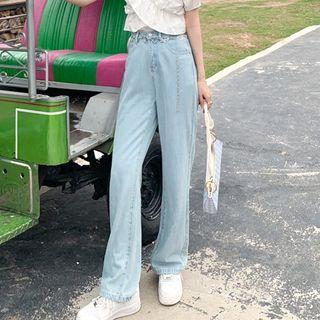 Short-sleeve V-neck Ruffle Trim Asymmetric Top