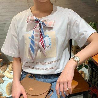 Short-sleeve Tie-neck Print T-shirt White - One Size