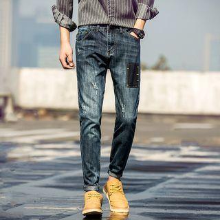 Applique Slim-fit Washed Jeans