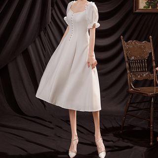 Puff-sleeve Plain A-line Cocktail Dress