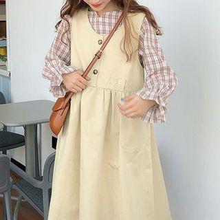 Plaid Blouse / Sleeveless Midi A-line Dress