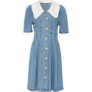 Short-sleeve Doll-collar Button-up Denim Midi Dress