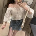 Ruffle Trim Cold-shoulder Eyelet Lace-up Cropped Blouse 9922 - White - One Size