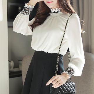 Mock Two-piece Lace-trim Shirtdress