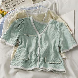 Embossed Puff-sleeve V-neck Shirt