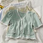 Embossed Puff-sleeve V-neck Shirt
