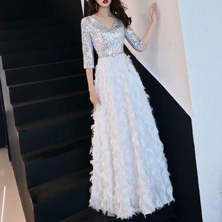 3/4-sleeve Sequined Feather A-line Evening Gown