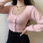 U-neck Chenille Knit Cropped Sweater Pink - One Size