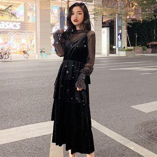 Set: Long-sleeve Mesh Top + Glitter Layered Midi Pinafore Dress