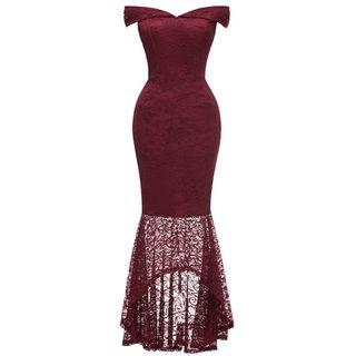 Short-sleeve Off Shoulder Lace High-low Mermaid Dress