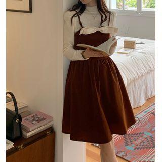 Dotted Blouse / Bow Accent Overall Dress