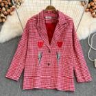 Floral Embroidered Plaid Blazer Red - One Size