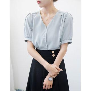 Puff-sleeve Blouse / Plain A-line Skirt
