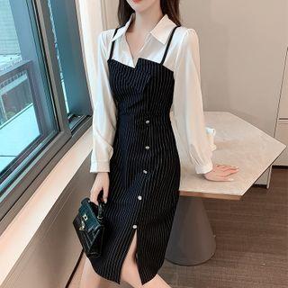 Long-sleeve Mock Two-piece Striped Midi A-line Dress