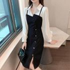 Long-sleeve Mock Two-piece Striped Midi A-line Dress
