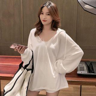 Long-sleeve Hooded Shirt & Plain Strappy Shorts
