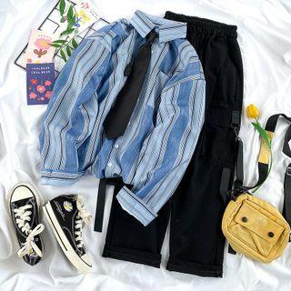 Striped Denim Shirt / Neck-tie / Wide-leg Cargo Pants