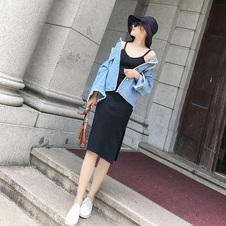 Spaghetti Strap Knit Dress Black - One Size