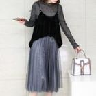 Set: Velvet Camisole Top + Long-sleeve Top + Pleated Midi Skirt