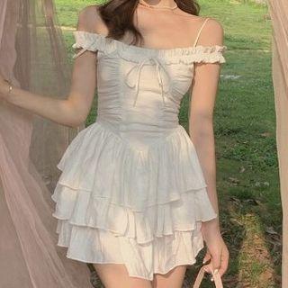 Cold-shoulder Ruffle A-line Dress White - One Size