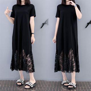 Short-sleeve Lace Panel Midi T-shirt Dress