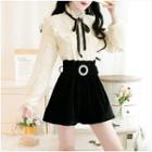 Set: Bow Accent Blouse + Wide-leg Shorts