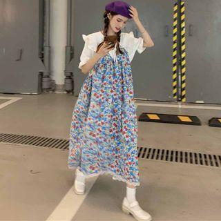 Puff-sleeve Ruffled Blouse / Floral Print Midi Overall Dress