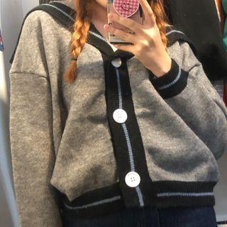 V-neck Color-block Single-breasted Knitted Cardigan