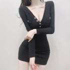 Long-sleeve V-neck Knit Mini Bodycon Dress
