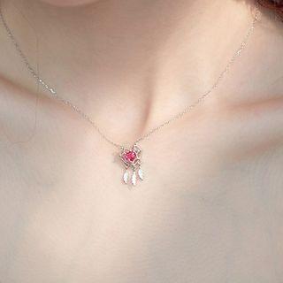 925 Sterling Silver Rhinestone Dream Catcher Pendant Necklace Red Heart - Silver - One Size